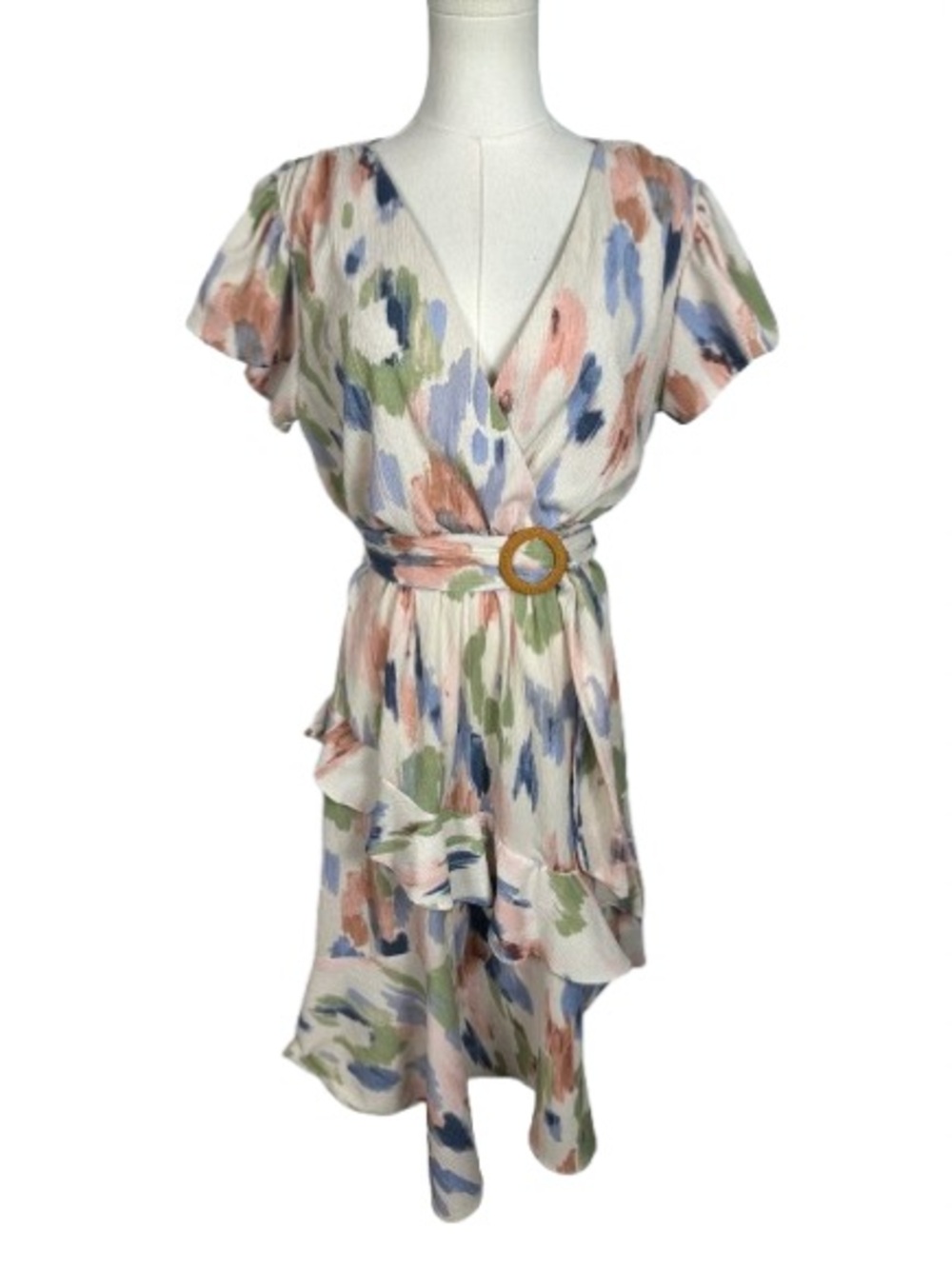 Pastel Brushstroke Faux Wrap Dress with Belt Size S